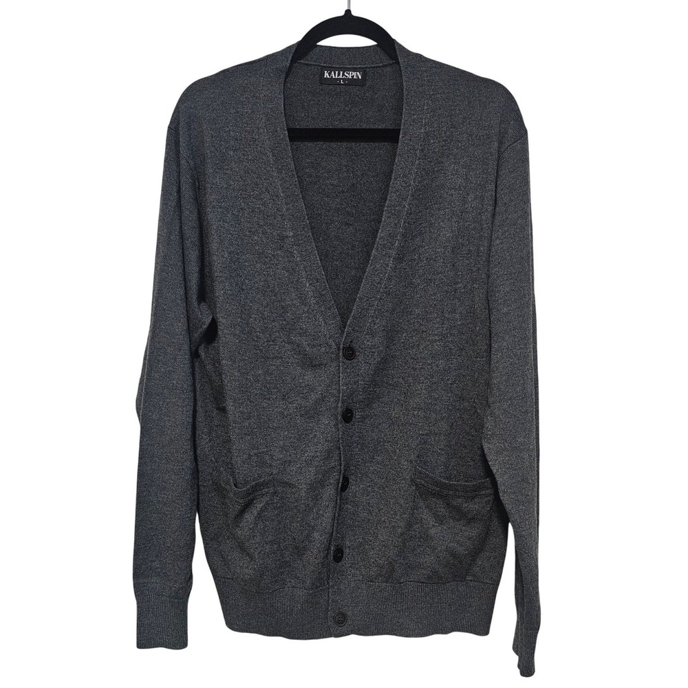 Kallspin Mens L Cashmere Blend Cardigan Sweater Gray V Neck Button Front Neutral